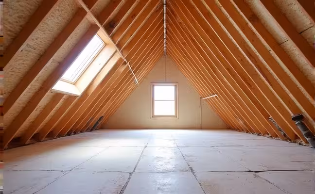 A spacious attic space with visible insulation layers and roof vents, showcasing a combination of spray foam insulation and a ventilation system to maintain temperature and prevent moisture build-up. The image should also highlight the attic's structure, displaying a high ceiling and ample floor area to emphasize the potential for renovation into a livable space