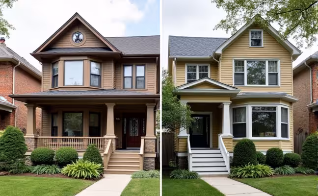A before-and-after split image of a classic Toronto house, showing the exterior in its original state on one side and the renovated, modernized version on the other, symbolizing the transformation and value increase due to the renovation