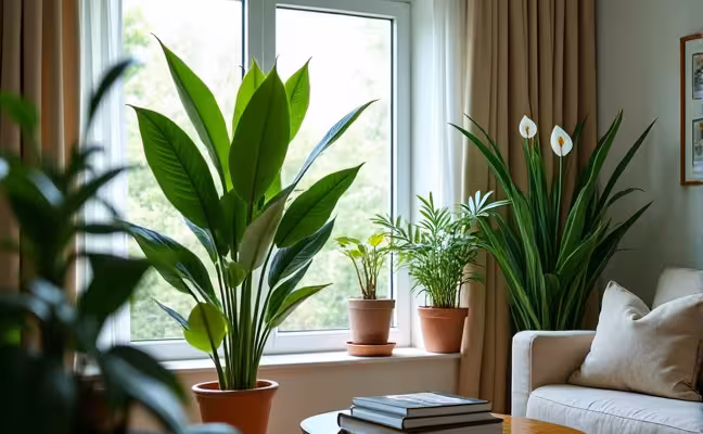 A vivid image of a tastefully decorated living room with various indoor plants including a flourishing Snake Plant, Spider Plant, and Peace Lily. The Snake Plant is tall and lush with green sword-like leaves, positioned near a window with indirect sunlight. The Spider Plant has arched leaves with a unique variegated pattern, housed in a hanging pot near the room's corner, while the Peace Lily, with its glossy green leaves and white flowers, is elegantly placed on a coffee table