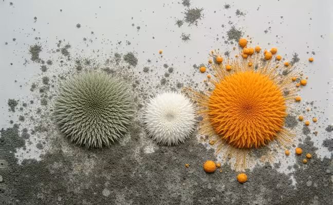 A close-up image of mold growing on a damp wall: The mold should have different patches of colors including black, green, white, and orange, indicating the various types of mold