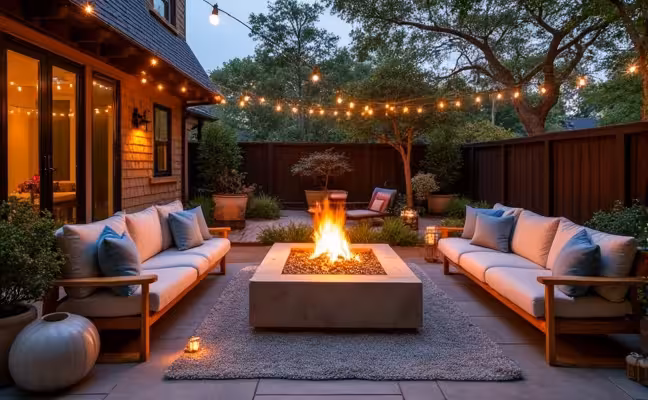 An inviting outdoor living space with comfortable teak furniture, plush cushions, and an outdoor rug, with a focus on a fire pit serving as a central gathering point, surrounded by a soft glow of string lights and lanterns