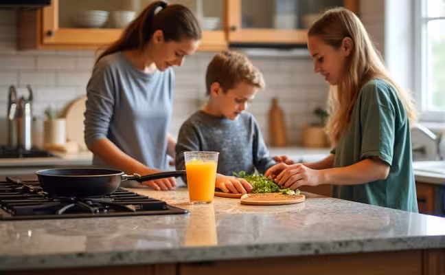 A busy family kitchen scene with different types of countertops: a heat-resistant countertop near the stove, a stain-resistant and non-porous countertop in the children's snack area, and a granite countertop in the food preparation area. Visible signs of use and life, like a hot pan on the heat-resistant countertop, a spilled juice cup on stain-resistant countertop, and chopped vegetables on the granite countertop