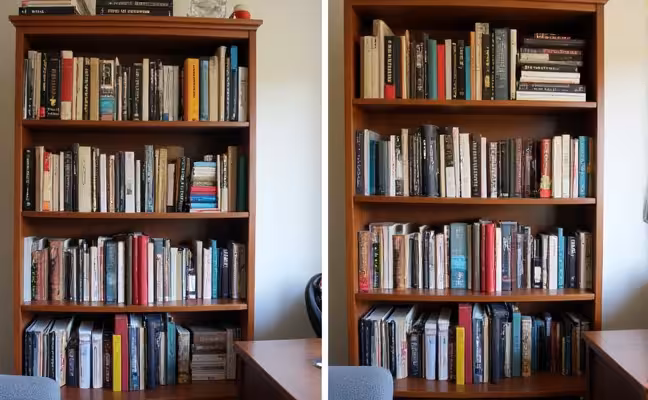 A before and after comparison of a cluttered and organized bookshelf, with a visible difference in orderliness, space and the number of books retained