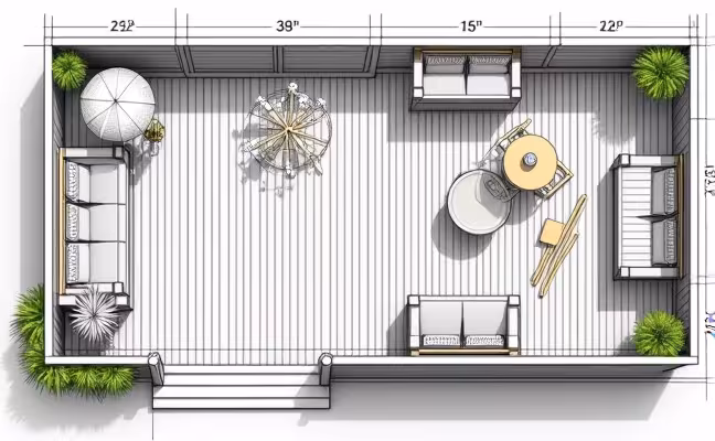 A detailed blueprint of a backyard deck design, showcasing the intended size and location, with various areas demarcated for entertaining guests, relaxation, and a children's play area. The blueprint should include annotations for different materials used, with a mix of wood and composite decking