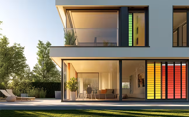 A detailed infographic explaining the Energy Performance Ratings of windows, showcasing the different factors such as U-factor, Solar Heat Gain Coefficient, Visible Transmittance, and Air Leakage, with higher ratings indicated in green and lower ratings in red