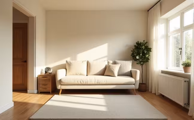 A cozy, small living room painted in soft pastel colors. The walls are in a light cream shade, with a beige couch in the center, and a pale gray rug on the floor. Natural light is streaming in from a large window, amplifying the room's brightness, making it appear more expansive