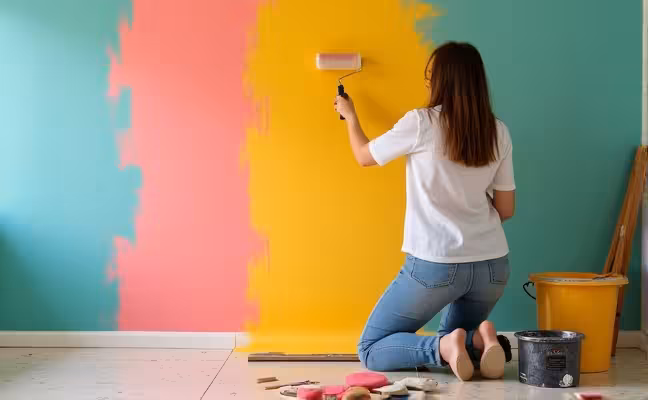 A home DIY enthusiast painting a room in vibrant colors, with paint rollers, brushes, and a paint bucket nearby, displaying the simplicity of some DIY tasks