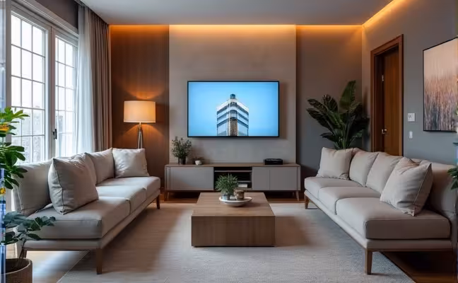 A modern living room with a centralized smart home system controlling various devices. Show security devices such as camera and sensors interacting with smart lights, a thermostat, and speakers. The room should reflect the homeowner's convenience and efficiency in managing their home security