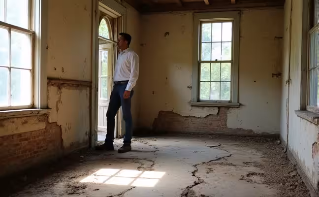 An old house with visible uneven floors due to aging and soil settlement, showcasing signs such as cracks in the walls, doors that won't close properly, and windows that stick, in the background, a worried homeowner is inspecting the foundation