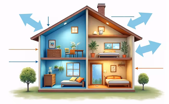 A detailed cross-sectional view of a well-ventilated home, highlighting the air circulation process with directional arrows. The image should show fresh air entering through windows and vents, circulating through the rooms, and stale air being expelled. Key areas like the living room, kitchen, and bedrooms should be labeled, with indications of reduced allergens, balanced humidity, and temperature regulation