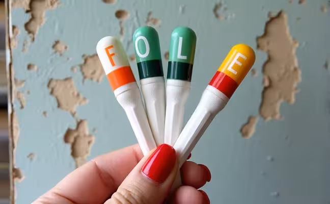 A detailed image of a lead test kit from a local hardware store, showing the color-changing swabs and a hand holding them against a chipped and deteriorating old painted wall