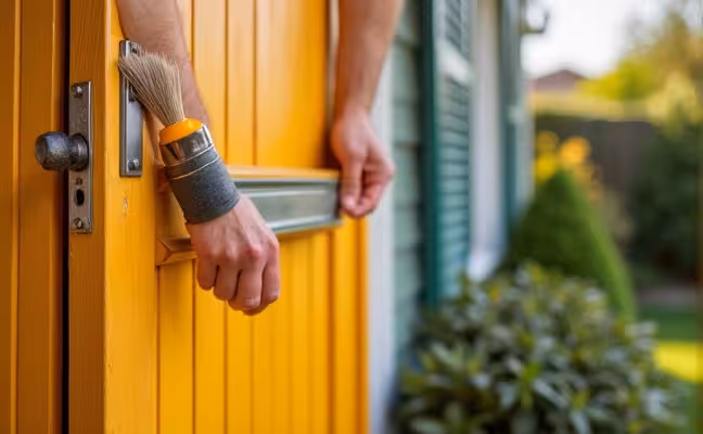A pair of hands painting a wooden front door a vibrant color, with a lush green landscaped garden in the background, showcasing a home improvement project that adds curb appeal and increases property value