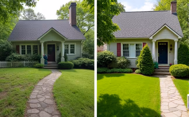 A neglected front yard with an overgrown lawn and no landscaping elements, juxtaposed with a beautifully maintained front yard featuring a lush green lawn, flower beds in full bloom, a stone pathway leading to a small patio, and a charming white picket fence, demonstrating the importance of curb appeal