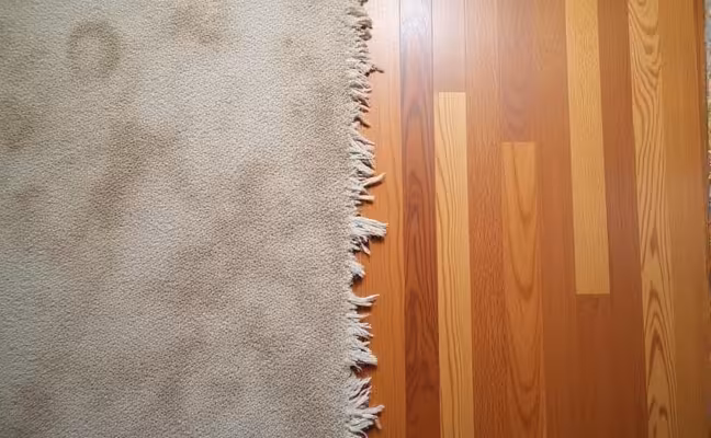 A comparative image showing the longevity of hardwood floors versus carpet: One half of the image showcases a carpeted floor that is worn out and frayed, signifying the need for replacement after a decade or so. The other half displays a well-maintained hardwood floor that is decades old but still looks pristine and new, symbolizing its durability and long-lasting nature