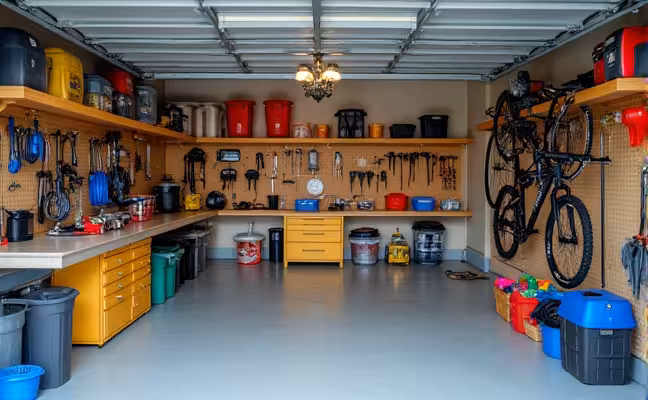 A well-organized garage with clearly labeled storage solutions. The image should depict a variety of items neatly categorized and stored in labeled bins, shelves, and pegboards. The garage should also have a designated area for vehicle parking, a workbench, and the walls should be utilized for storage, possibly with wall-mounted bicycle racks or tool holders