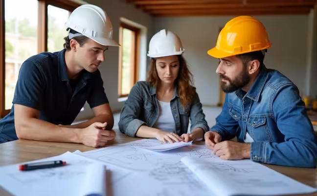 A well-organized construction site in Toronto with a team of workers wearing safety gear. In the foreground, a contractor is discussing plans with a homeowner, pointing at blueprints spread out on a table. The contractor is presenting a document, perhaps an estimate or contract, to the homeowner for review