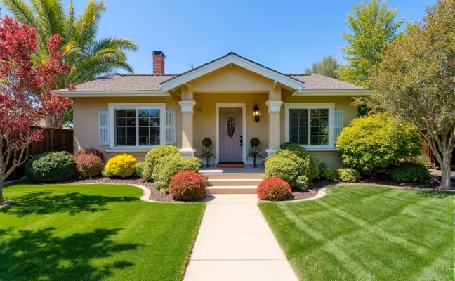 A charming home exterior with a fresh coat of paint in a neutral color, a clean walkway leading to the front door, a well-manicured lawn with a variety of colorful plants and trees, and a clear, blue sky in the background