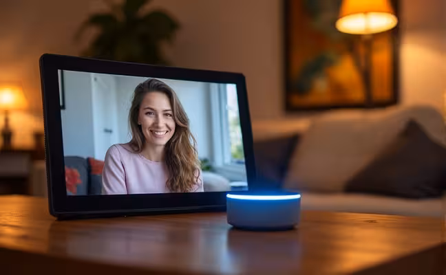 Echo Show 10 3rd Gen on a modern living room table, displaying a video call on its 10.1-inch HD screen, with the room reflecting a warm, cozy ambiance and Alexa's blue ring glowing, indicating active listening