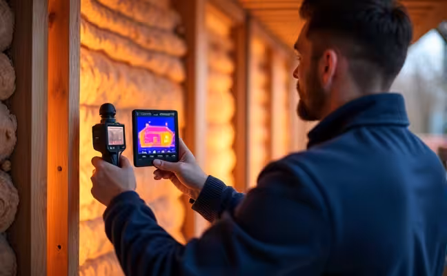 A professional conducting a detailed home energy audit, visually inspecting a home's lighting, insulation, and heating system with high-tech tools such as infrared cameras and blower doors, focusing on potential areas of energy inefficiency like air leaks or deficient insulation