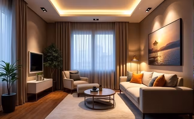 A multi-layered lighting scheme in a modern, stylish living room with ambient lighting provided by recessed ceiling lights, task lighting from a sleek floor lamp near a reading chair, and accent lighting highlighting a piece of artwork or architectural feature on the wall. The room should be tastefully decorated, with visible windows draped with light curtains
