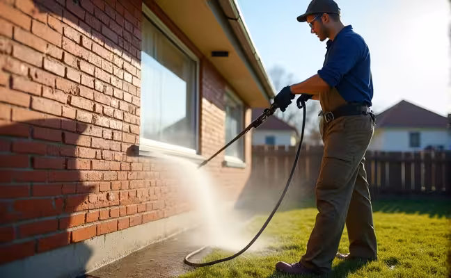 A person wearing safety gear including gloves, long pants, and eye protection, operating a pressure washing machine on a sunny day, cleaning the exterior wall of a red brick house, demonstrating the correct technique of sweeping the spray in a consistent, overlapping pattern