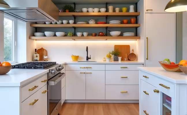 A modern, stylish kitchen in Toronto, showcasing an open shelving system filled with colorful kitchenware. The focus is on the metallic brass handles of the sleek white cabinets and a pendant light illuminating the room. The floor is covered with luxury vinyl flooring that mimics the look of hardwood