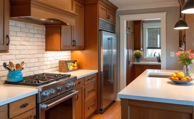 A traditional kitchen setting with a modern twist. The kitchen should incorporate traditional elements like hardwood cabinetry and a brick backsplash, complemented by modern stainless steel appliances and a quartz countertop. The color scheme should lean towards neutral tones, with a bright, bold color accent, perhaps on kitchen utensils or a fruit bowl
