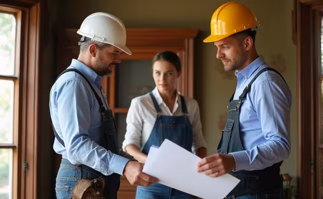 A team of professionals, including an architect, a contractor, and a craftsman, working on restoring a historic home. They should be engaged in activities like examining an old piece of woodwork, discussing blueprints, or restoring a unique architectural feature, demonstrating the expertise required in historical home restoration