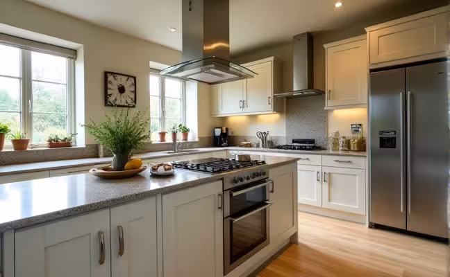 A stylish, eco-friendly kitchen with energy-efficient stainless steel appliances, double-glazed windows allowing natural light, insulated doors, and a recycling station, all emphasising the theme of sustainability and energy conservation