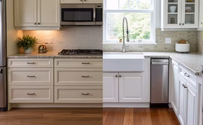 A contrast image showcasing two types of kitchen countertops, one side featuring a lavish granite countertop and the other showing a cost-effective laminate one, to represent smart budgeting options. Additionally, a glimpse of luxury vinyl flooring can be seen as a budget-friendly choice instead of solid hardwood