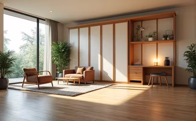 A spacious open-plan living area divided into distinct spaces with movable screens, adorned with potted plants, and featuring a folding wall bed that transforms into a desk, demonstrating the use of room dividers and multi-purpose furniture