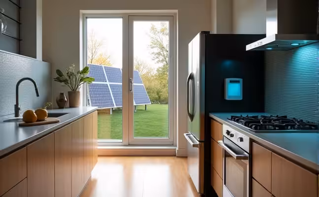 A high-tech Toronto home kitchen scene, exhibiting energy-efficient appliances like a smart fridge and oven. The kitchen also includes a wireless device controlling the lighting and temperature. The scene portrays an eco-friendly environment with a solar panel system visible through the window, emphasizing the idea of a green, energy-efficient home