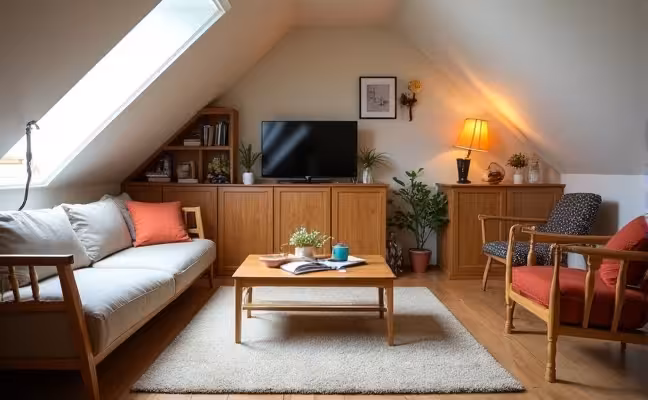 An image of a compact and irregularly shaped attic room, furnished perfectly with custom-built furniture, showcasing how every nook and cranny has been efficiently utilized, the furniture's design and finish complementing the room's unique architecture and decor