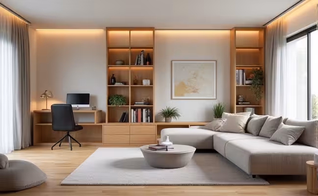 An open-concept living space with movable walls or partitions, showcasing multiple uses such as a home office transitioning into a nursery, and equipped with smart home technology like programmable thermostats and automatic lighting systems