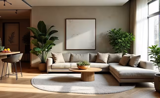 A modern condo in Toronto featuring a living room with nature-inspired textures and patterns on the walls and floor, large indoor plants placed at strategic spots, and a big window allowing bright sunlight to filter in