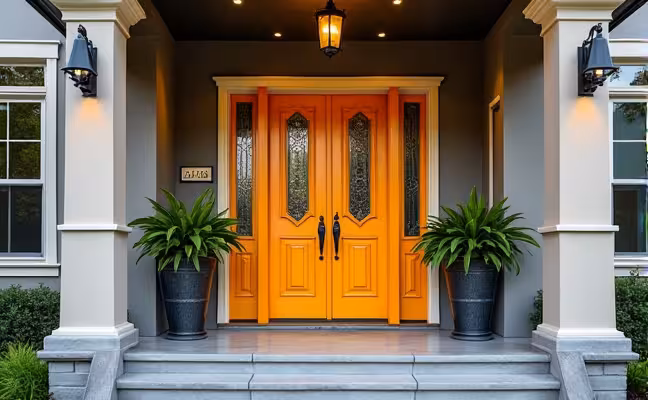 A bold and inviting home entrance featuring a brightly colored door with intricate designs and a stylish porch, setting a striking tone for the rest of the property
