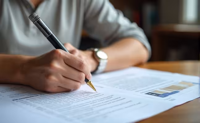 A homeowner engaged in a phone conversation, with a list of detailed questions about a contractor's work quality, professionalism, and problem-solving skills laid out on the table. The background shows three different contact numbers, symbolizing the importance of speaking to multiple references