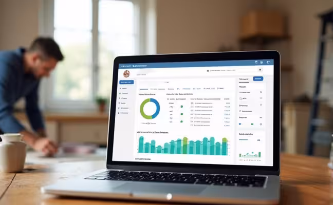 An image of a digital project tracker displayed on a laptop screen, sitting on a wooden table in a busy home renovation scene. The tracker should display progress bars, checklists, and attached files symbolizing regular updates and progress reports