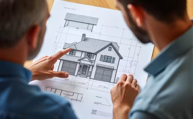 A scene depicting a contractor and a homeowner having a detailed conversation over a blueprint of a house, symbolizing the significance of clear and prompt communication in such projects