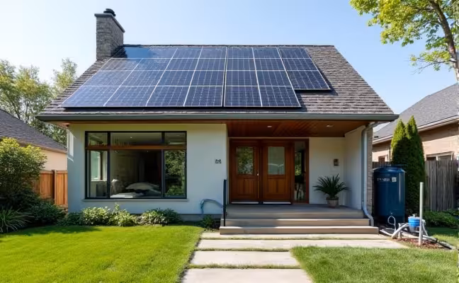 An exterior view of a contemporary home in Toronto, featuring solar panels neatly installed on the roof. Beside the house, a rainwater harvesting system is visible, with clear pipes running from the roof to a large storage tank, surrounded by a well-maintained garden