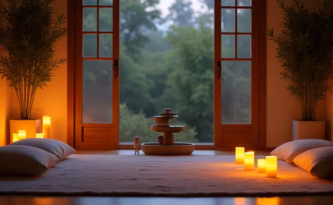 A cozy Zen space in the evening, softly illuminated by warm candlelight. The room includes a low seating arrangement with comfortable floor cushions, a small indoor fountain creating a soothing sound of flowing water, and a bunch of bamboo plants at one corner. The room is decluttered, clean, and features a calming scent of lavender in the air