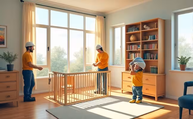Home extension and child-safe environment: Illustrate a home expansion process where workers are seen adding an extra room to a house. The new room should be spacious, with large windows for natural light, and be painted in soft, neutral colors. Within the room, there should be secured bookshelves, covered electrical outlets, and a baby gate at the entrance, highlighting the safety features