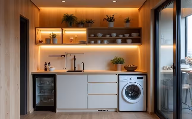 A compact, stylish kitchen featuring smaller, flexible appliances like a mini fridge and a compact washer-dryer combo tucked away neatly. The space is efficiently used with floating shelves, wall-mounted racks and under-cabinet storage boxes, illuminated by a mix of ambient and task lighting