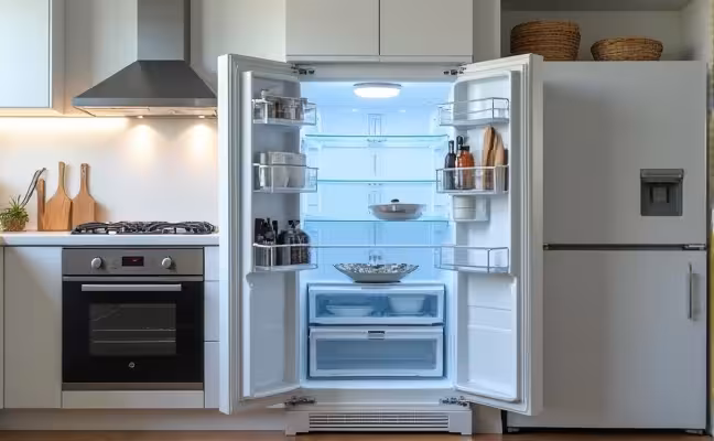An image of a sparkling clean kitchen with the refrigerator, oven, and dishwasher doors open, displaying the immaculate interior, signifying the deep-cleaning of appliances