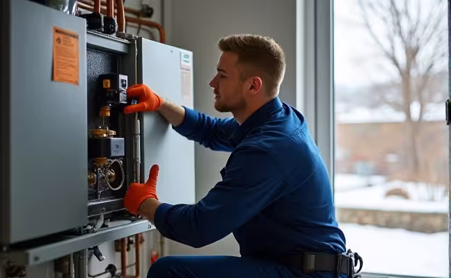 A professional technician wearing a uniform and protective gloves, servicing an indoor central heating system with a toolbox nearby, the background showing a lightly snow-covered backyard seen through a window