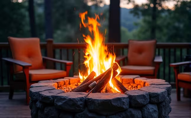 A cozy evening scene featuring a rustic stone fire pit, emitting a warm glow, with comfortable seating around, marshmallows roasting on sticks, positioned safely away from a wooden deck and surrounded by tall trees