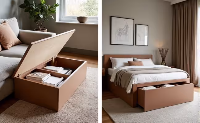 Multifunctional furniture pieces in a cozy living room, including a storage ottoman with books and blankets inside, and a bed with built-in drawers underneath in a softly lit bedroom. Each item is neatly stored and the room maintains a spacious and uncluttered appearance