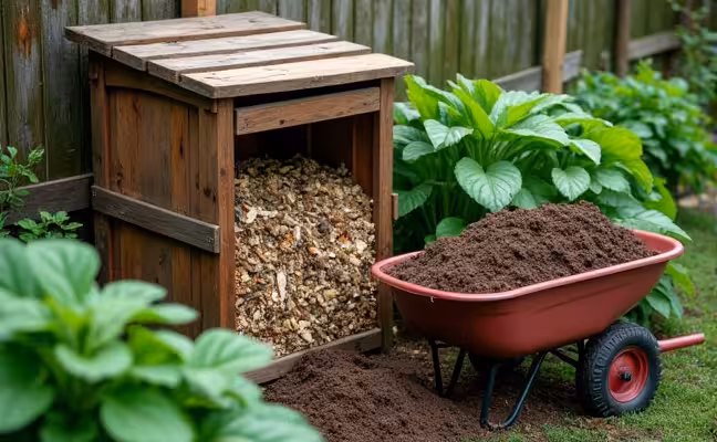 A compost bin in the corner of a garden, partially open to reveal layers of decomposing kitchen waste and garden clippings. A wheelbarrow full of rich compost is next to it, ready to be spread in the garden. The lush green plants nearby indicate the benefits of composting