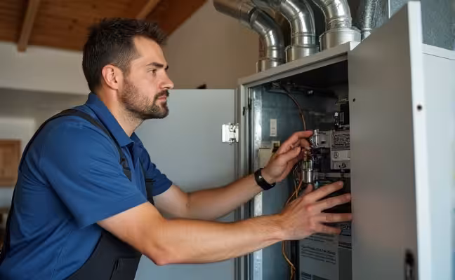An inspector thoroughly checking the HVAC system, analysing its functionality, age, maintenance history and looking for signs of leaks, with the backdrop of a home interior