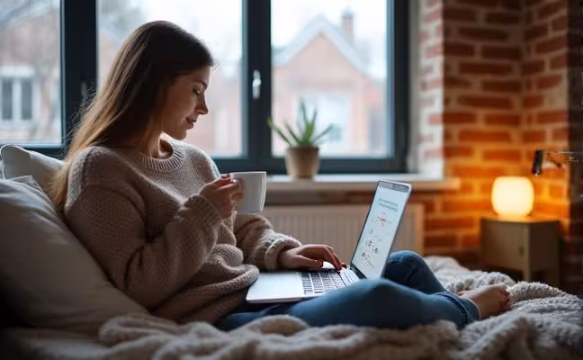 An image depicting a calm homeowner in a temporary, cozy accommodation in Toronto city, sipping on a cup of tea while looking at a laptop that displays a renovation schedule, indicating a proactive approach to managing renovation delays